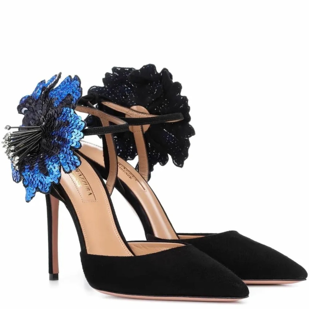 ‼️Price Firm‼️ AQUAZZURA DISCO FLOWER 105 SUEDE PUMPS IN BLACK BLUE SIZE 41 - Picture 3 of 13